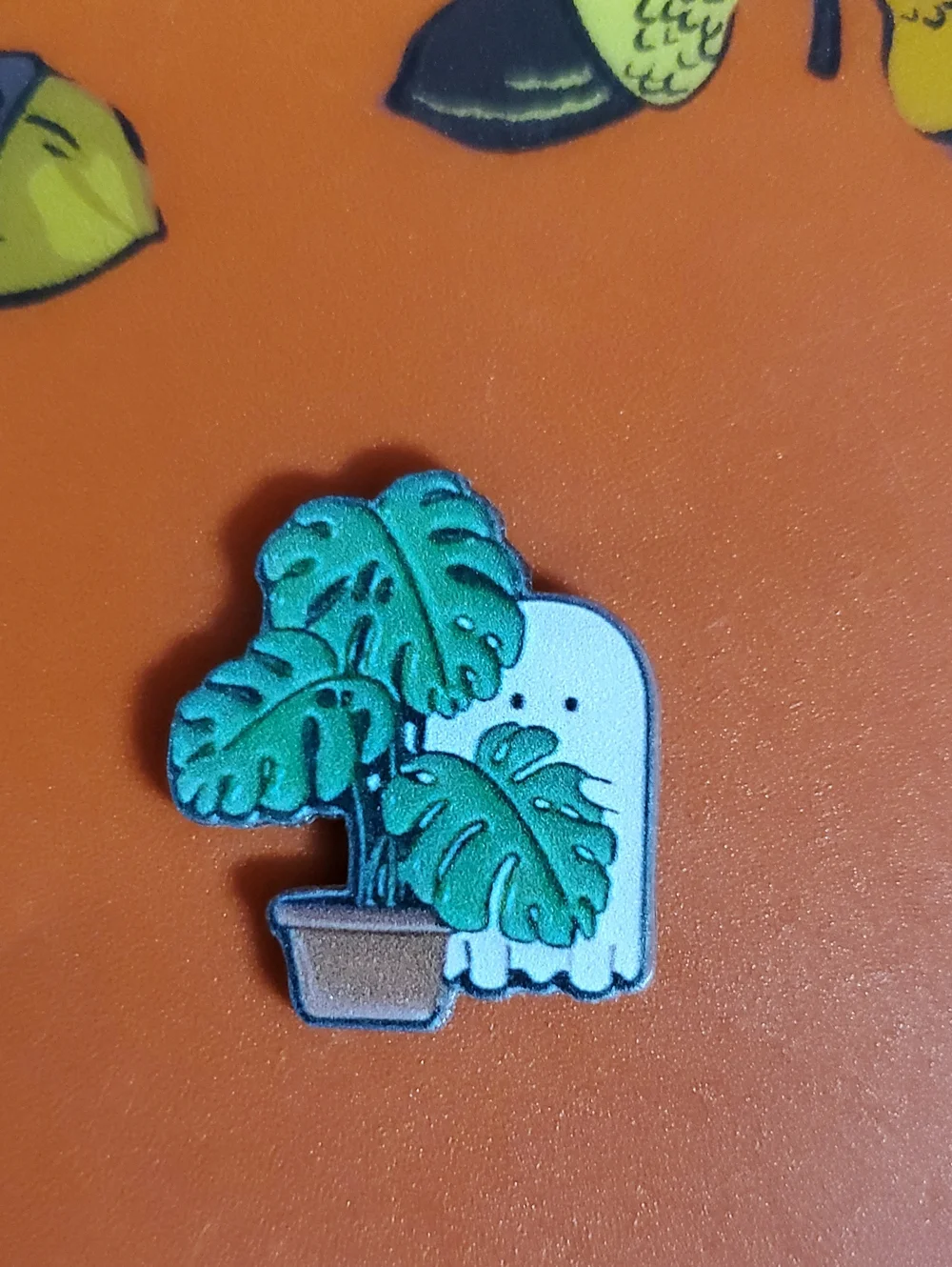 Ghost Hiding Behind Monstera Acrylic Pin - Green & White
